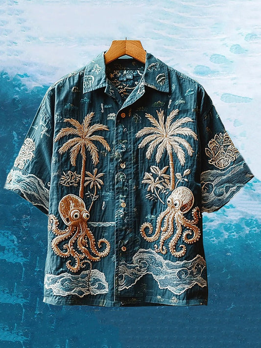 Vesper  Men's Embroidered Ocean Octopus Hawaiian Summer Vacation Shirt