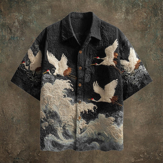 Vesper Japanese Crane Embroidered Shirt – Premium Wave Pattern | Casual Kimono Summer Shirt