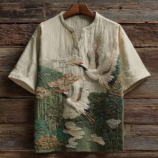 Vesper Men's Vintage Cranes & Bamboo Japanese Art Embroidery Shirt