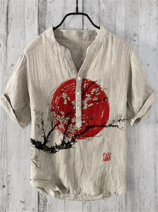 Vesper Plum Blossom & Sunrise Japanese Art Linen Blend Shirt