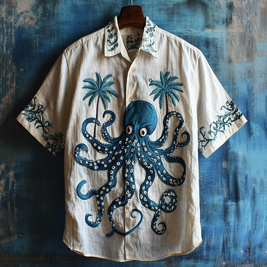 Vesper Men's Embroidered Octopus & Coconut Tree Hawaiian Shirt