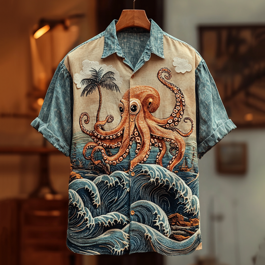 Vesper Men's Embroidered Ukiyo-e Octopus Hawaiian Shirt