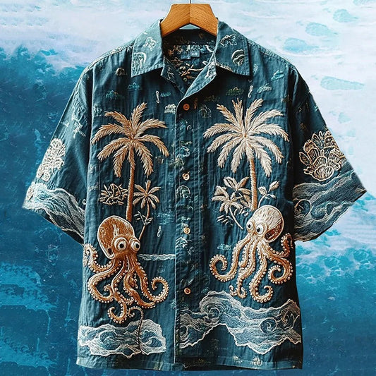 Vesper  Men's Embroidered Ocean Octopus Hawaiian Summer Vacation Shirt