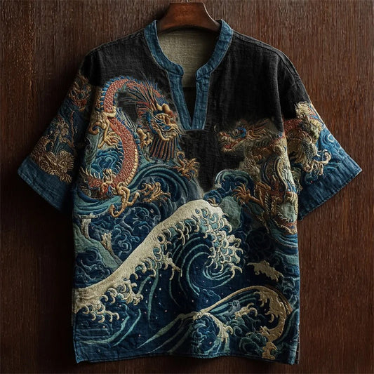 Vesper Sea Waves & Dragons Japanese Embroidered Linen Shirt
