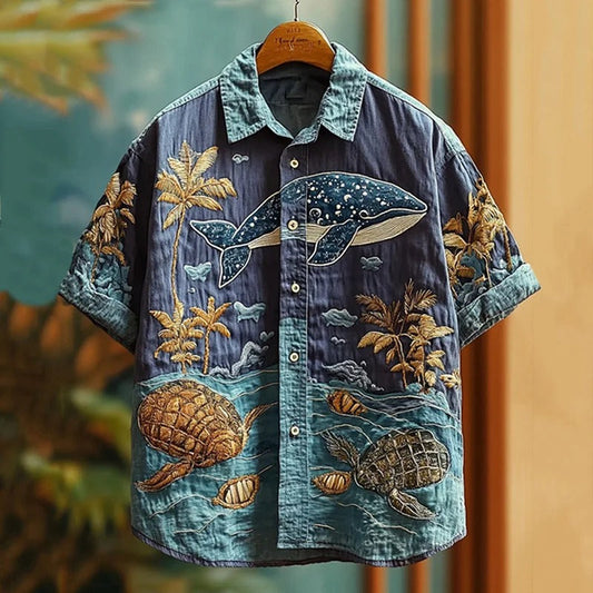 Vesper Men's Embroidered Sea Life Whale Vacation Shirt