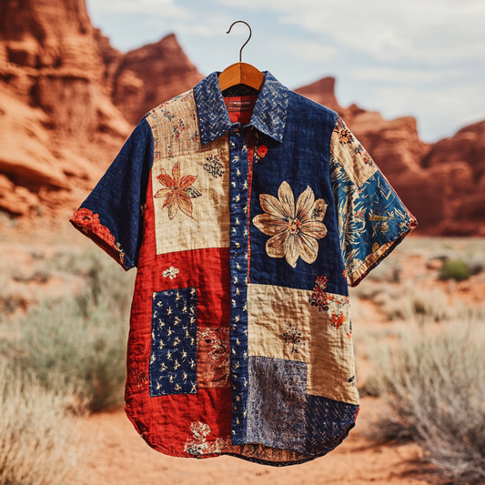 Vesper Men's Vintage Patchwork America Blue Red Floral Shirt