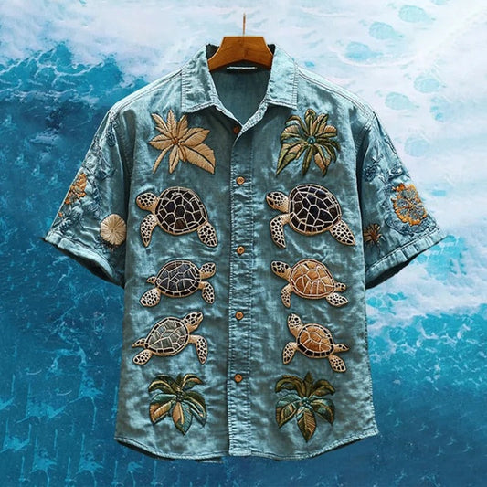 Vesper Men's Embroidered Sea Life Turtle Vacation Shirt