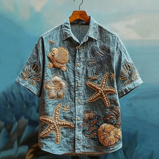 Vesper Men's Embroidered Marine Life Pattern Linen Shirt